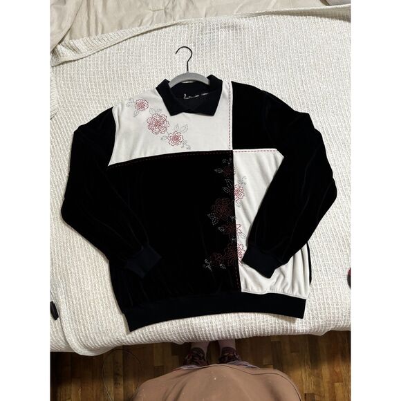 Vintage Velour Floral Embroidered Polo Sweatshirt Retro Cottagecore GrandmaCore - Picture 7 of 9